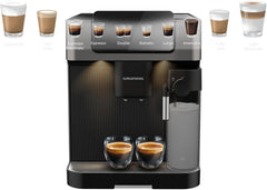 GRUNDIG KVA 7230 Kaffeevollautomat, Kaffeemaschine, 10 Kaffeespezialitäten, 13 Mahlgrade, Milchbehälter, leistungsstark 1350 W, 19 Bar Pumpendruck, Zweifachdüse, Beleuchtung, Schwarz/Dunkelsilber