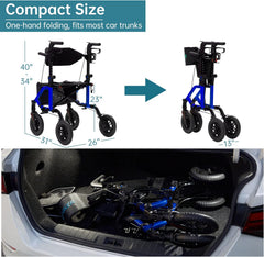 Geländegängiger 2-in-1-Rollator und Transportstuhl, zusammenklappbarer Rollstuhl mit luftlosen 10-Zoll-Rädern für Senioren, umkehrbare Rückenlehne und abnehmbare Fußstützen, blau