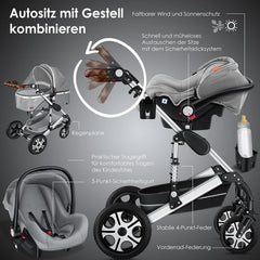 KESSER Loops 3 in 1 Kinderwagen Kombikinderwagen Komplett-Set inkl. Babywanne & Buggy Sportsitz & Auto-Babyschale Voll-Gummireifen Wickeltasche Regenschutz Kindertisch ECE R129, Schwarz/Champagne