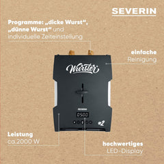 SEVERIN WURSTER, perfekt gebräunte Würstchen auf Knopfdruck in nur 5 Minuten, ohne Zugabe von Fremdfett, inkl. Holzzange, Schwarz, Edelstahl/Kunststoff, WT 5005