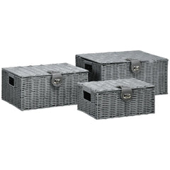 HOMCOM Aufbewahrungskorb 3er-Set handgeflochten mit Deckel