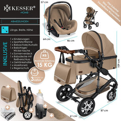 KESSER Loops 3 in 1 Kinderwagen Kombikinderwagen Komplett-Set inkl. Babywanne & Buggy Sportsitz & Auto-Babyschale Voll-Gummireifen Wickeltasche Regenschutz Kindertisch ECE R129, Schwarz/Champagne