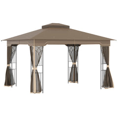 Outsunny Gartenpavillon 3,65 × 3 m mit Doppeldach & Moskitonetz – Braun/Beige