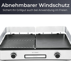 KLAMER Elektrogrill, antihaftbeschichtete und abnehmbare Duo-Platten, separate Temperatureinstellung, 5 Grillstufen, mit Wind-/ Spritzschutz & Auffangschale