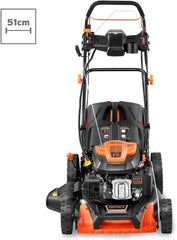 FUXTEC 4in1 Benzin Rasenmäher FX-RM5196eSPRO mit E-Start und regulierbarem Selbstantrieb, Gartenmäher inkl. Frontstoßstange, 51 cm Schnittbreite, kugelgelagerte Big Wheel Räder, 60L Grasfangkorb