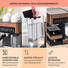 Klarstein Espresso Siebträgermaschine mit Milchaufschäumer, 1,8L Mini-Espressomaschine mit Siebträger, 20 Bar, Edelstahl, Klein, 0,5L Milchtank, 1350W Kaffeemaschine für Gemahlenen Kaffee