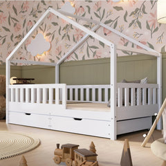Crazy Pine Hausbett mit Schubladen 200x90 cm – Kinderbett aus Naturholz mit Rausfallschutz – Montessori Bodenbett mit zusätzlichen Stauraum und und Abnehmbarer Barriere - Crazy House