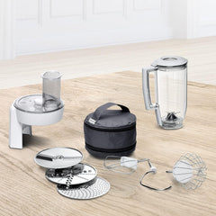Bosch Küchenmaschine Serie 4 MUM58720,Edelstahl-Schüssel 3,9 L, Mixer 1,25 L, Planetenrührwerk,Knethaken,Schlag,Rührbesen, Durchlaufschnitzler, 3 Scheiben, 1000 W, Dunkelrot/Silber