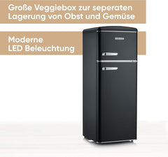 SEVERIN Retro - Kühl-/ Gefrierkombination, platzsparendes Raumwunder, 4 x höhenverstellbare Abstellflächen und eine große Veggiebox, 206 L Nutzinhalt, creme, RKG 8933