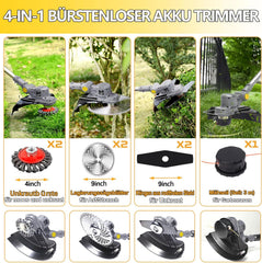 Akku Rasentrimmer mit Akku und Unkrautbürste 4 in 1 Freischneider mit Unkrautbürste 21V Bürstenloser Freischneider, Elektro Motorsense mit 2 Akku 4.0Ah und Ladegerät Teleskop, Verstellbarer, Orange