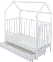 Baby Delux Babybett Komplett Set Hausbett 60x120 cm weiß Schublade Rausfallschutz Kinderbett Matratze Bettwäsche Deko Set (Prince Stars)