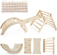 Dreieck-Set mit Kissen, 5-in-1 Montessori-Kletterset, faltbar, Kletter-Indoor-Spielplatz-Set für Kleinkinder, Holz-Kletterspielzeug mit Rampe und Kletterbogen für Kinder (Holzfarbe)