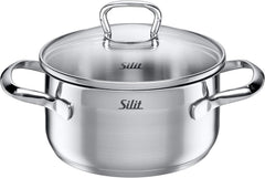 Silit Toskana Topfset induktionsgeeignet 10-teilig, Kochtopf Set mit Glasdeckel, Induktionskochtöpfe, Milchtopf, Dämpfer, Pfanne, Edelstahl teilmattiert, Induktions Töpfe Set unbeschichtet