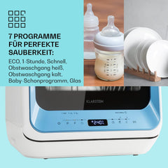 Klarstein ia Mini Geschirrspüler, Spülmaschine mit Platz für 2 Maßgedecke, 6 Programme, 5 L Wasser benötigt, LED-Display, Touch, Tischgeschirrspüler inkl. Zubehör, schwarz