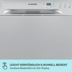 Klarstein ia 8 - Spülmaschine, Geschirrspüler, Freistehend, Teilintegriert, F, 55 cm breit, 8 Maßgedecke, 6 Programme, Aquastop, silber