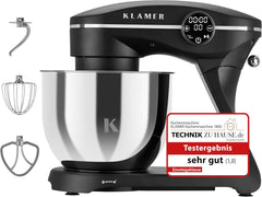 KLAMER Küchenmaschine 1800W, Knetmaschine mit 6 Liter Edelstahl Schüssel, 10 Geschwindigkeitsstufen mit Timer, Rührbesen, Knethaken, Schneebesen und Spritzschutz