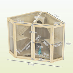 PawHut Hamsterkäfig Holz 4 Ebenen mit Zubehör und Sichtfenster