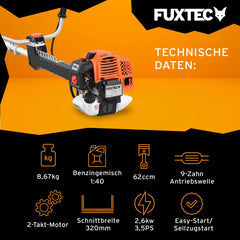FUXTEC Profi Benzin Motorsense FX-PS162 – Profisense mit 62ccm, Faden und Komfort-Tragegurt – Rasentrimmer mit Antivibrationssystem – 2-Takt Freischneider Fadenspule