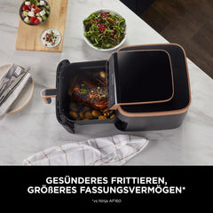 Ninja Heißluftfritteuse MAX PRO, 6,2 L, ölfrei, große Schublade, Rösten, Backen, Air Fry, Antihaftbeschichtet, Spülmaschinenfester Korb & Crisper Gittereinsatz, Silikonzange, Schwarz/Kupfer, AF180EUCP