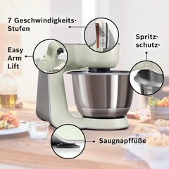 Bosch Küchenmaschine Serie 4 MUM58720,Edelstahl-Schüssel 3,9 L, Mixer 1,25 L, Planetenrührwerk,Knethaken,Schlag,Rührbesen, Durchlaufschnitzler, 3 Scheiben, 1000 W, Dunkelrot/Silber