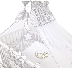 Bello24 - 16 Teiliges Babybett Kinderbett und Bettwäsche komplett Set Happy Leo inkl. Matratze höhenverstellbar für Neugeborene Babys und Kleinkinder aus Massivholz (Grau - Teddybär Mond)