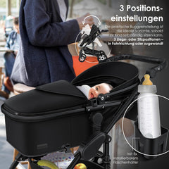 KESSER Loops 3 in 1 Kinderwagen Kombikinderwagen Komplett-Set inkl. Babywanne & Buggy Sportsitz & Auto-Babyschale Voll-Gummireifen Wickeltasche Regenschutz Kindertisch ECE R129, Schwarz/Champagne
