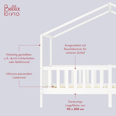 Bellabino Kinderbett Bia 140x200 cm, Hausbett Kinder inkl. Rausfallschutz und Rolllattenrost, Montessori Bodenbett weiß aus Massivholz Kiefer