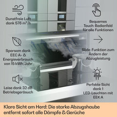 Klarstein Downdraft-Dunstabzugshaube, Versenkbare Abzugshaube, Leise Dunstabzugshauben mit Filter, Dunstabzugshaube 60cm, Umluft/Abluft Dunsthaube mit 10 Stufen, Dunstabzug 576 m³/h Luftstrom