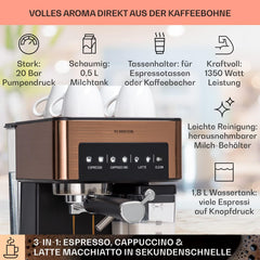 Klarstein Espresso Siebträgermaschine mit Milchaufschäumer, 1,8L Mini-Espressomaschine mit Siebträger, 20 Bar, Edelstahl, Klein, 0,5L Milchtank, 1350W Kaffeemaschine für Gemahlenen Kaffee