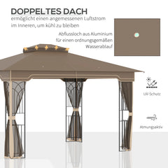 Outsunny Gartenpavillon 3,65 × 3 m mit Doppeldach & Moskitonetz – Braun/Beige