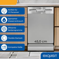 Exquisit Geschirrspüler, 9 Maßgedecke, Spülmaschine 45 cm, Power+, ECO-Modus, Geschirrspüler 45 cm, GSP59109-030E silber