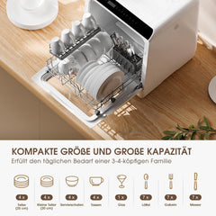 HAVA Tischgeschirrspüler, mini Spülmaschine mit 6 Programmen und eingebautem 5-Liter-Wassertank, kein Anschluss erforderlich, Babybedarfs- und Lufttrocknungsfunktion für Wohnungen und Wohnmobile