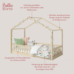 Bellabino Kinderbett Bia 140x200 cm, Hausbett Kinder inkl. Rausfallschutz und Rolllattenrost, Montessori Bodenbett weiß aus Massivholz Kiefer
