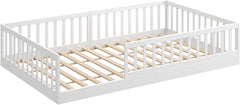 CADANI Timi 2in1 Bodenbett 140x200 cm Montessori Kinderbett mit abnehmbaren Rausfallschutz inkl. Lattenrost, Kiefer Massivholz, weiß - 3 Aufbauvarianten, bis 200 kg belastbar, umbaubar