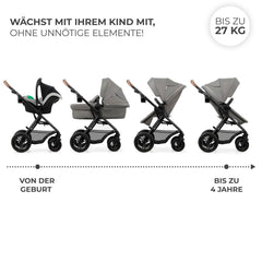 Kinderkraft MOOV2 AIR Kinderwagen 3 in 1 Kinderwagenset bis 26 kg mit Kindersitz I-SIZE 40-75 cm, Buggy Funktion, Liegeposition verstellbar, Große ausziehbare Verdeck, Aufblasbare Räder, Schwarz