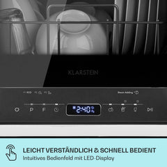 Klarstein ia Mini Geschirrspüler, Spülmaschine mit Platz für 2 Maßgedecke, 6 Programme, 5 L Wasser benötigt, LED-Display, Touch, Tischgeschirrspüler inkl. Zubehör, schwarz