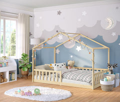 Bellabino Kinderbett Bia 140x200 cm, Hausbett Kinder inkl. Rausfallschutz und Rolllattenrost, Montessori Bodenbett weiß aus Massivholz Kiefer