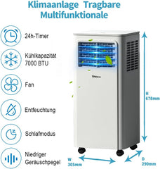 SHINCO Mobile Klimaanlage mit Abluftschlauch, 3-in-1Klimaanlage mit Luftentfeuchter&Ventilator, 7000BTU, 2,05 kW, Mobiles Klimagert mit Schlafmodus, Timer und Montagematerial, Rume bis 54m
