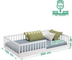 CADANI Timi 2in1 Bodenbett 140x200 cm Montessori Kinderbett mit abnehmbaren Rausfallschutz inkl. Lattenrost, Kiefer Massivholz, weiß - 3 Aufbauvarianten, bis 200 kg belastbar, umbaubar