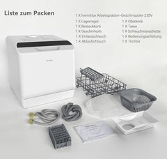 Hermitlux Mini Geschirrspüler, Spülmaschine für 4 Bestecksätze, 5 Liter Wassertank, 6 Programme Mini Tischgeschirrspüler, Perfekt für Wohnungen, Schlafsäle, Camping, Weiß