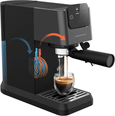 GRUNDIG KSM 5330 Siebträgermaschine mit integriertem Milchbehälter, 1628 W Leistung, 15 bar Pumpendruck, Zweifachdüse, farbiges Touch-Display, BrewSense, CreamyPro, Dark Inox/Schwarz