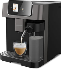 GRUNDIG KVA 7230 Kaffeevollautomat, Kaffeemaschine, 10 Kaffeespezialitäten, 13 Mahlgrade, Milchbehälter, leistungsstark 1350 W, 19 Bar Pumpendruck, Zweifachdüse, Beleuchtung, Schwarz/Dunkelsilber