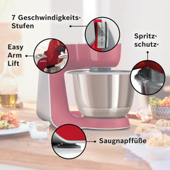 Bosch Küchenmaschine Serie 4 MUM58720,Edelstahl-Schüssel 3,9 L, Mixer 1,25 L, Planetenrührwerk,Knethaken,Schlag,Rührbesen, Durchlaufschnitzler, 3 Scheiben, 1000 W, Dunkelrot/Silber