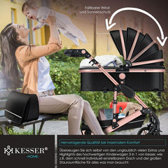 KESSER Loops 3 in 1 Kinderwagen Kombikinderwagen Komplett-Set inkl. Babywanne & Buggy Sportsitz & Auto-Babyschale Voll-Gummireifen Wickeltasche Regenschutz Kindertisch ECE R129, Schwarz/Champagne