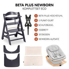 hauck Hochstuhl Beta+ Newborn Set Eco Bouncer - mitwachsender Holz Babyhochstuhl ab Geburt, inkl. Neugeborenenaufsatz, Sitzpolster und Essbrett - Dark Grey