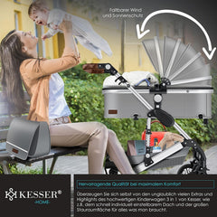 KESSER Loops 3 in 1 Kinderwagen Kombikinderwagen Komplett-Set inkl. Babywanne & Buggy Sportsitz & Auto-Babyschale Voll-Gummireifen Wickeltasche Regenschutz Kindertisch ECE R129, Schwarz/Champagne