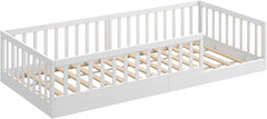 CADANI Timi 2in1 Bodenbett 140x200 cm Montessori Kinderbett mit abnehmbaren Rausfallschutz inkl. Lattenrost, Kiefer Massivholz, weiß - 3 Aufbauvarianten, bis 200 kg belastbar, umbaubar