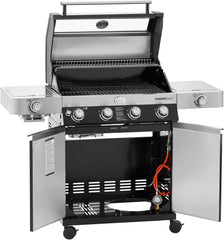 RÖSLE Elektrogrill BBQ-Portable Videro E2-P, tragbarer Tischgrill mit 2 Brennern, Warmhalterost und Deckel mit Glaseinsatz, pulverbeschichteter Stahl, schwarz/silbern