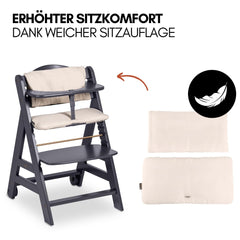 hauck Hochstuhl Beta+ Newborn Set Premium Dark Grey - Babyhochstuhl Set ab Geburt mit Neugeborenen Aufsatz Bouncer, Sitzpolster und Essbrett - Dark Grey