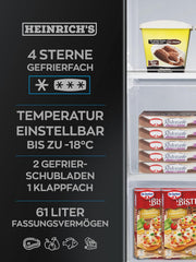 Heinrich´s Gefrierschrank 61Liter -18°C Freezer, 3x Gefrierschublade, 7 Stufen Temperaturregler, Airflow, wechselbarer Türanschlag weiß